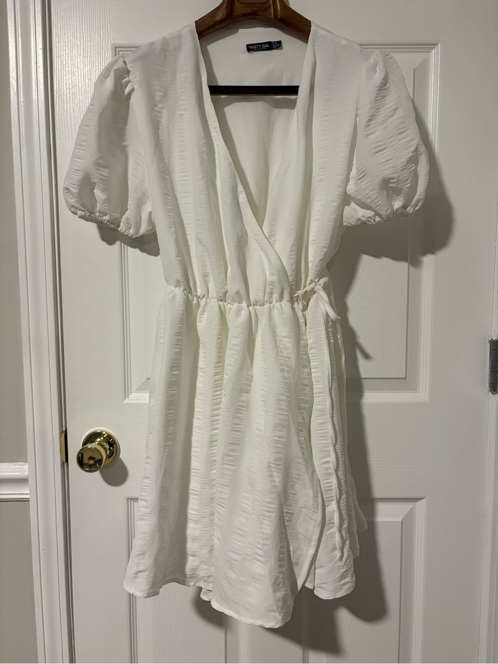 Nasty Gal White Puff-Sleeve Wrap Mini Dress